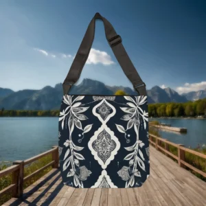 Back view of Moroccan Celebrations tote bag with floral and geometric ivory patterns on a dark blue base