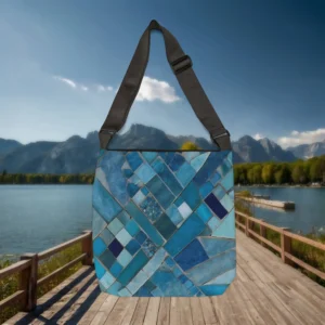 Back view of Moroccan Coastlines tote bag with patchwork tile design in various shades of blue