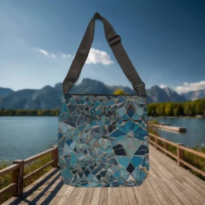 Flat-lay of Moroccan Mosaic tote bag with deep blue and grey fragmented tile design