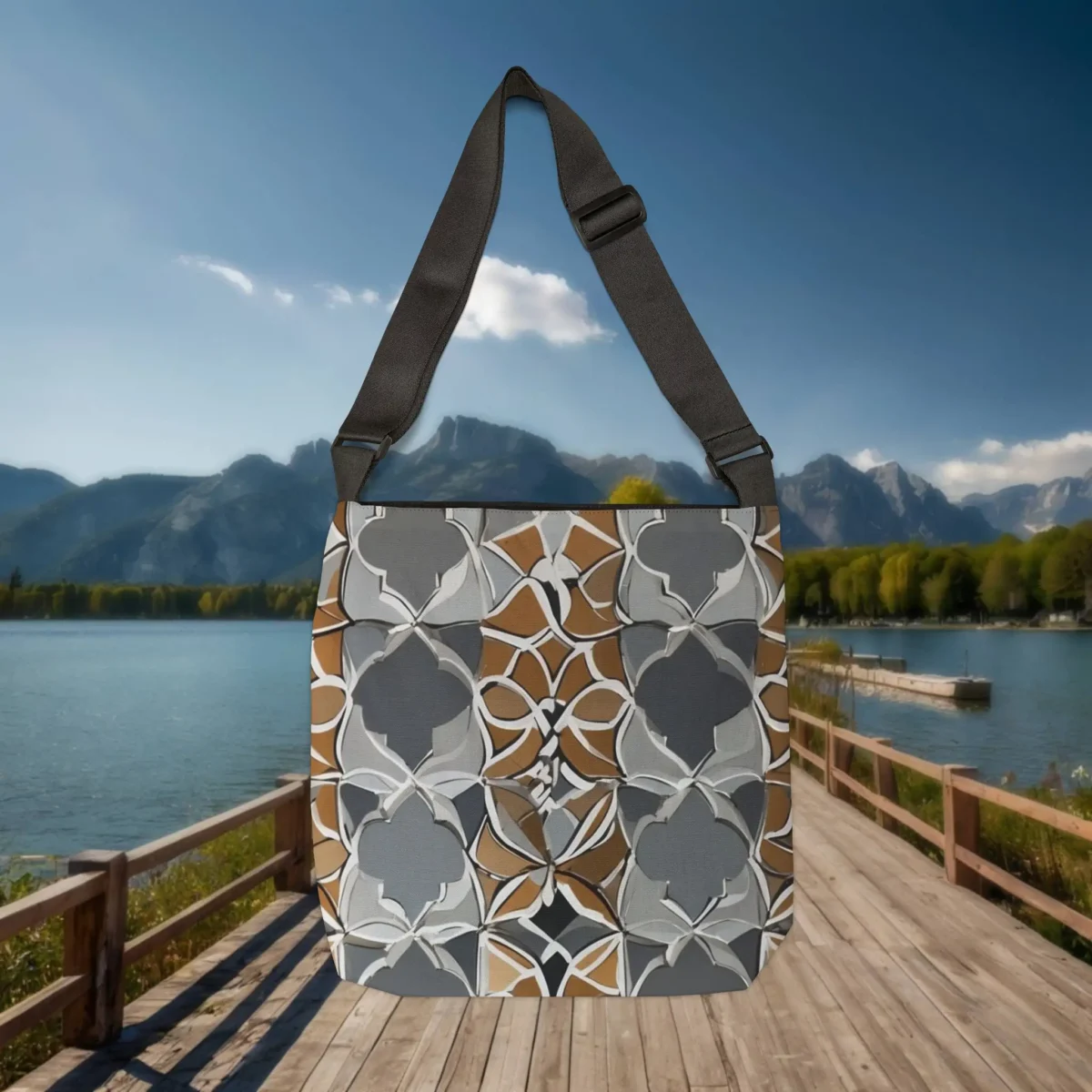 Back view of Moroccan pattern tote bag with earth-toned design, placed on boardwalk near a lake.