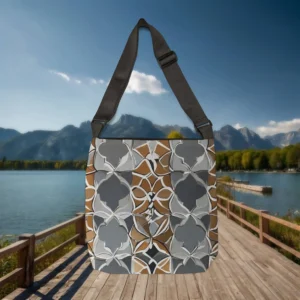 Back view of Moroccan pattern tote bag with earth-toned design, placed on boardwalk near a lake.