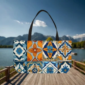 Weekender tote bag with colorful Moroccan tile pattern in blue and orange tones