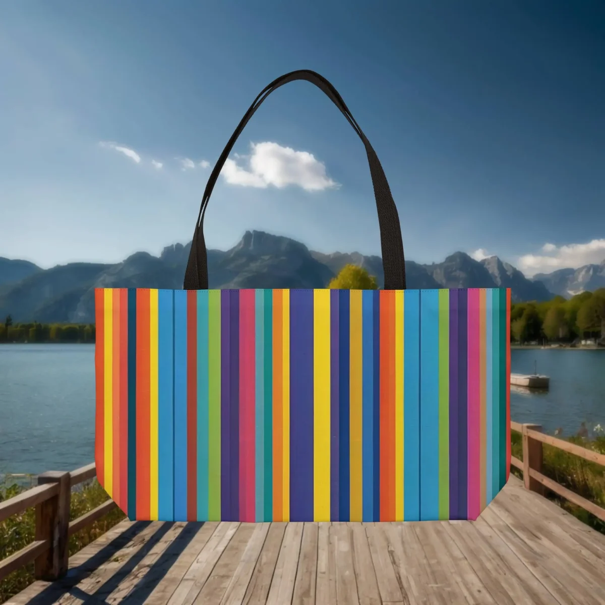 Weekender tote bag with vertical multicolor stripes in bold tones