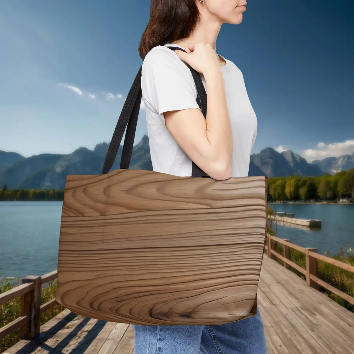 Woman carrying a weekender tote bag with realistic natural wood grain print