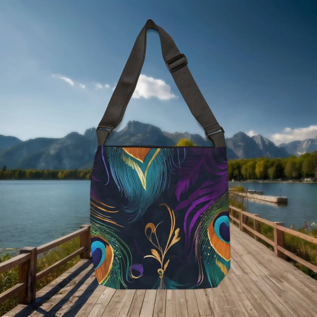 Back view of a tote bag with a colorful peacock feather pattern, placed on a wooden boardwalk near a lake and mountains.