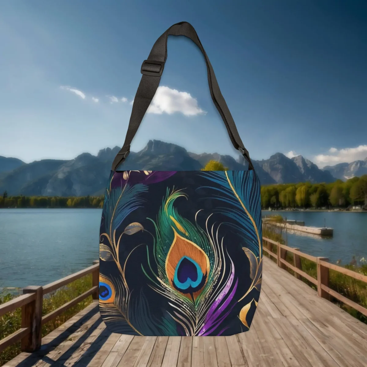 Flat view of a peacock feather tote bag with multicolor feather pattern on a black background, shown outdoors near a lake and mountains.