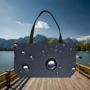 Weekender tote bag with realistic raindrop design on dark grey background