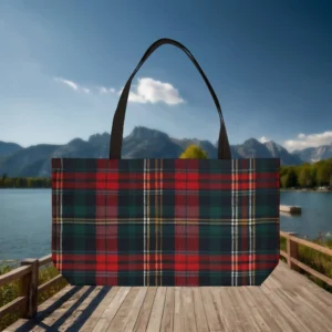 Weekender tote bag with classic red tartan plaid pattern