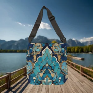 Flat view of the sapphire hues tote bag with symmetrical blue and gold ornamental design, displayed on a wooden walkway by a lake.