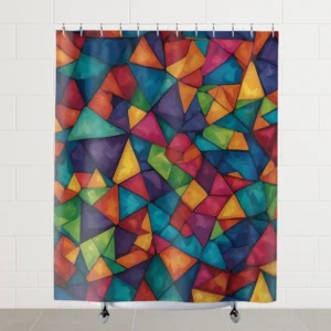 Flat display of multicolor abstract geometric shower curtain with sharp angular shapes