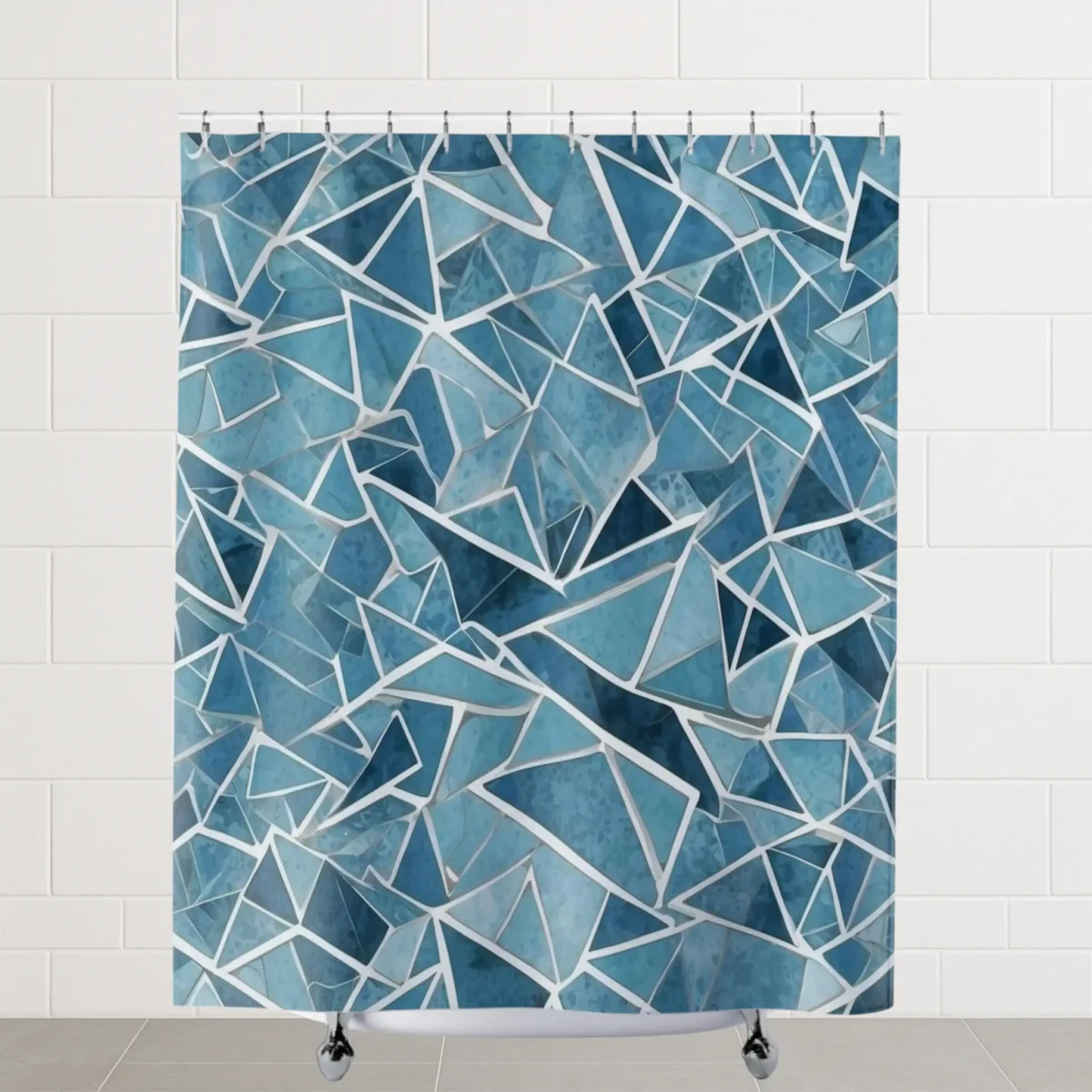 Blue shower curtain with abstract geometric angular pattern on display