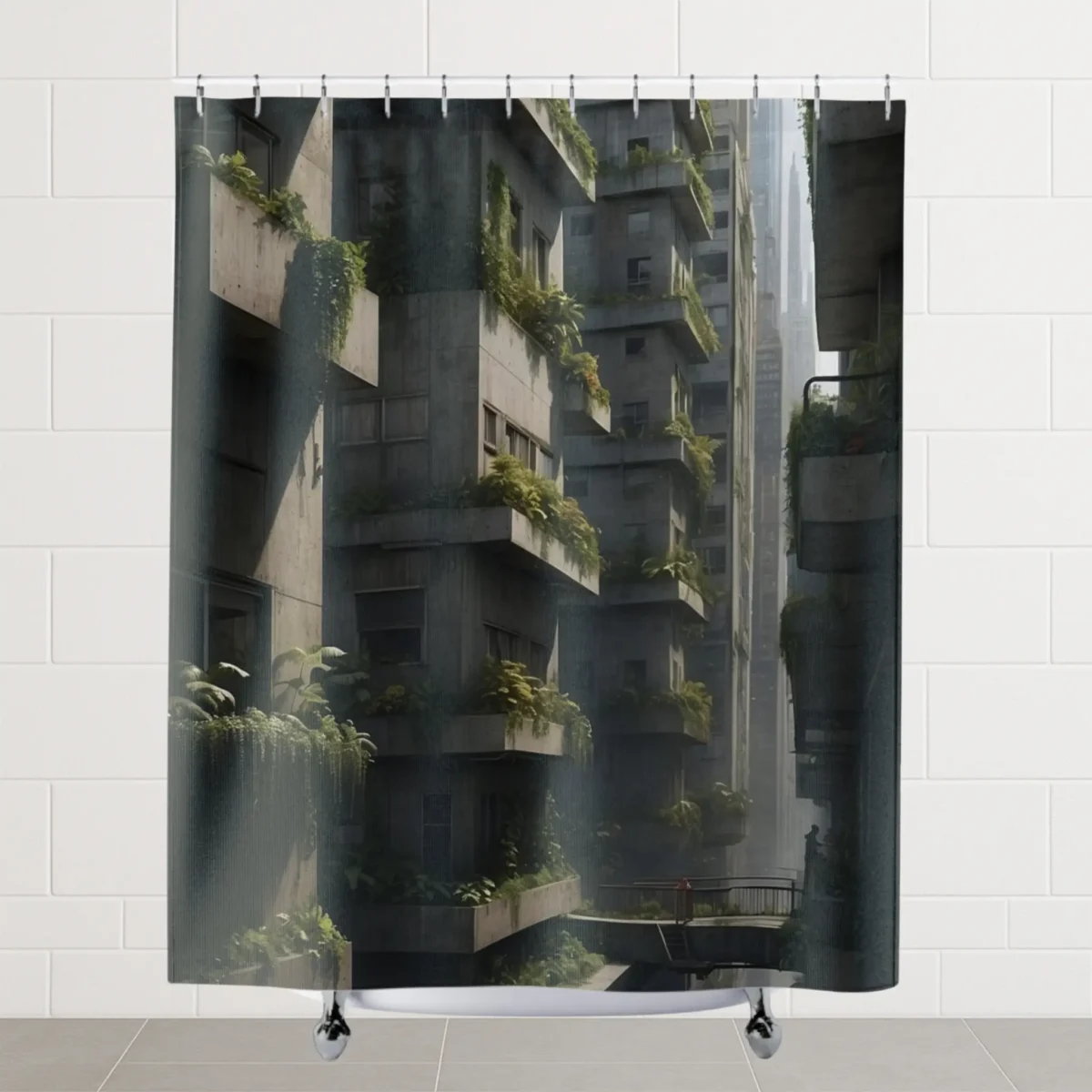 Flat display of Concrete Jungle shower curtain with buildings and greenery in vertical composition