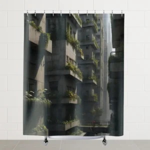 Flat display of Concrete Jungle shower curtain with buildings and greenery in vertical composition