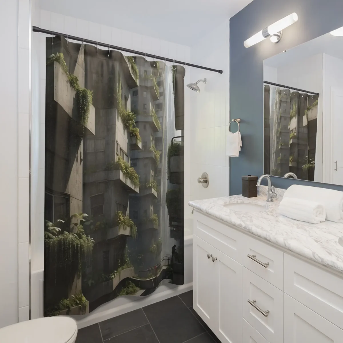 Urban-style shower curtain featuring concrete buildings with overgrown greenery in a bathroom setting