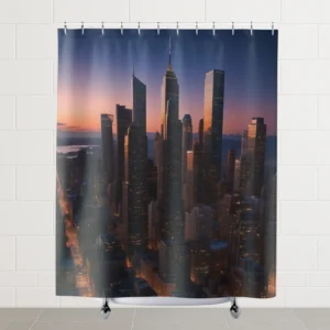 Flat view of shower curtain with a dramatic dusk city skyline scene