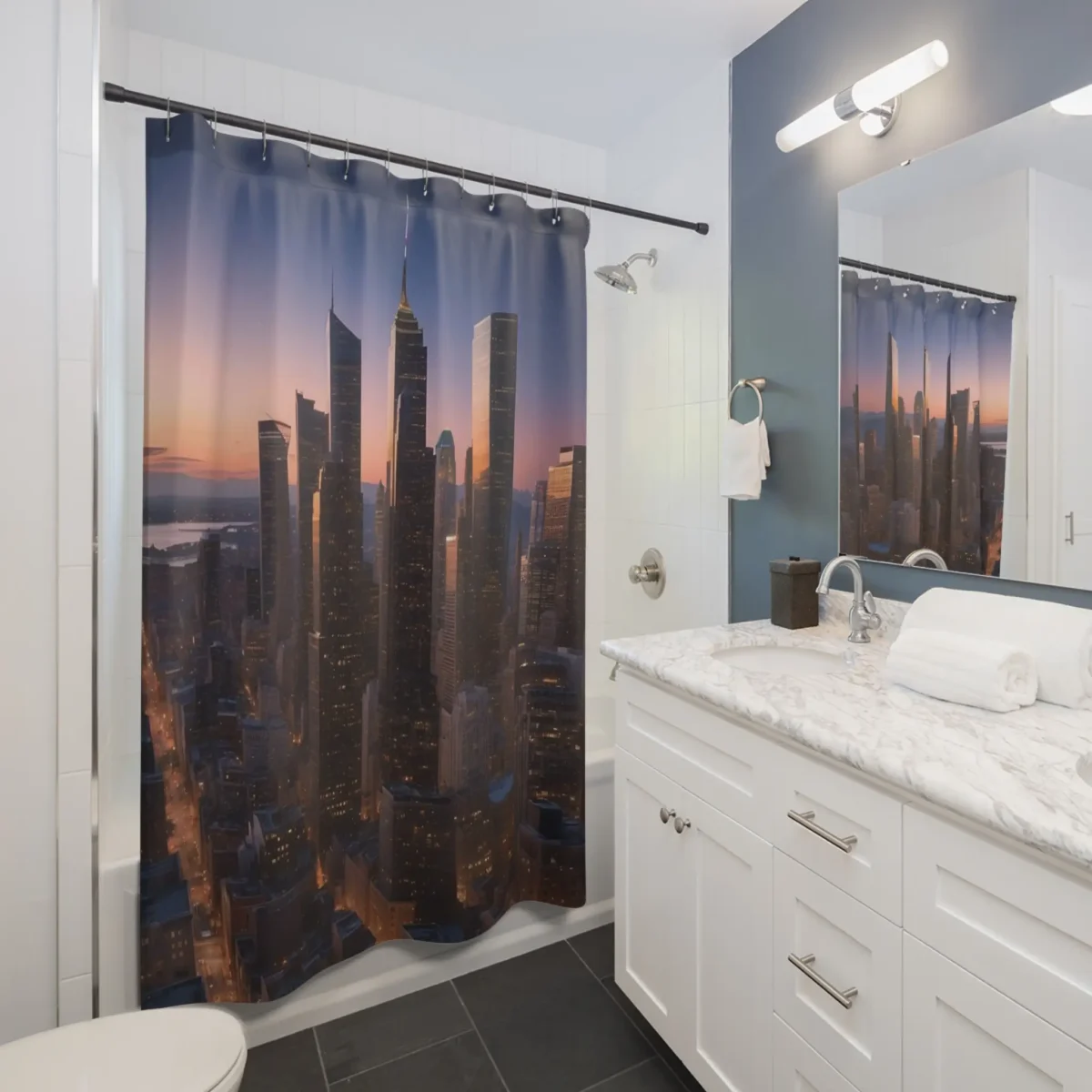Shower curtain featuring a city skyline at dusk in a modern bathroom