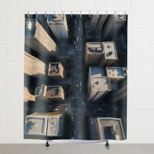 Flat view of shower curtain showing an aerial cityscape with rooftops and street intersections