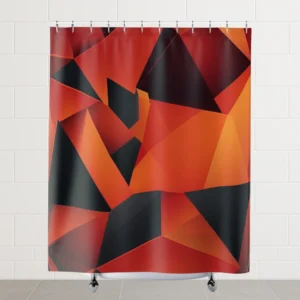 Flat view of abstract polygon shower curtain with red, orange, and black geometric shapes