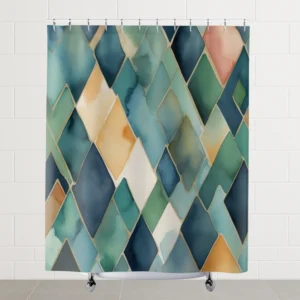 Flat view of shower curtain featuring soft watercolor diamond pattern in cool and warm tones