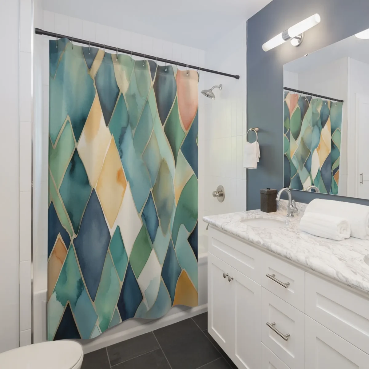 Shower curtain with soft geometric pattern in blue, green, and beige tones in a bathroom setting
