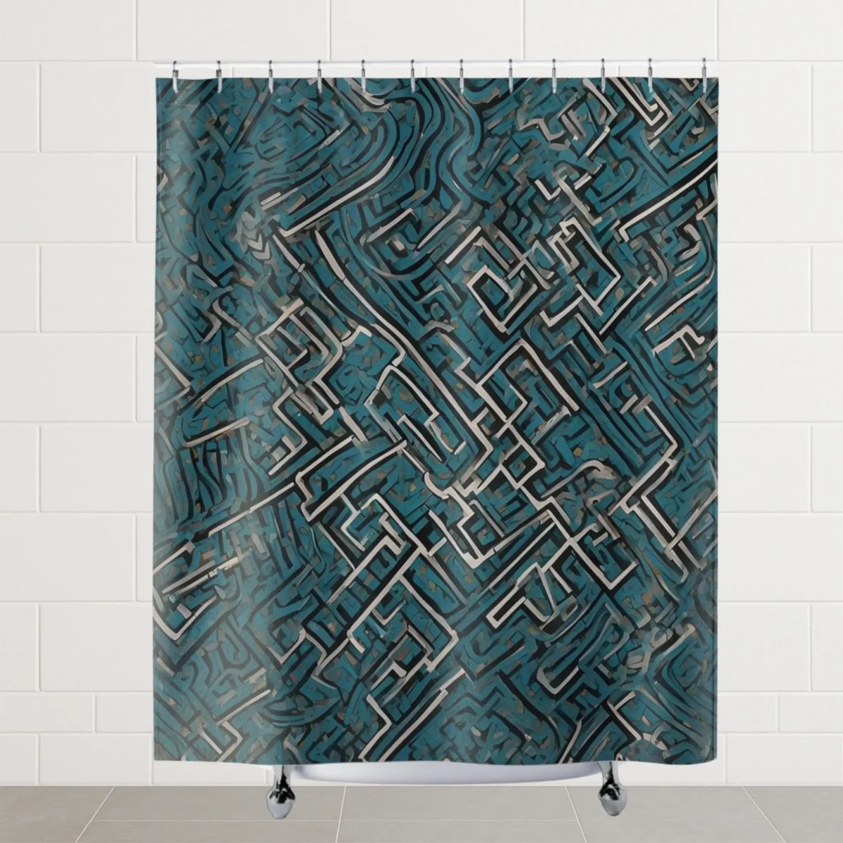 Flat view of shower curtain featuring abstract geometric maze design in blue and grey