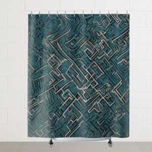 Flat view of shower curtain featuring abstract geometric maze design in blue and grey