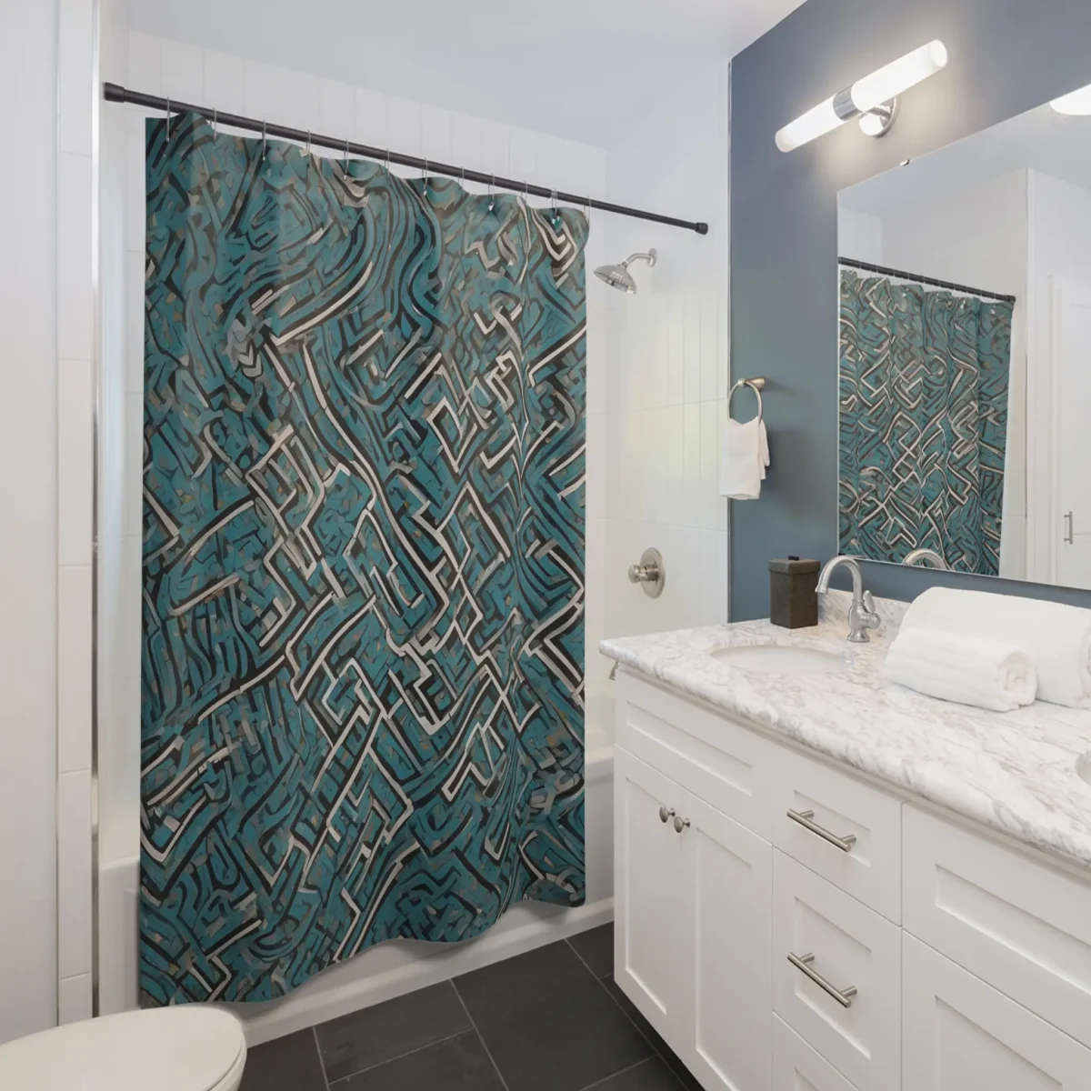 Shower curtain with abstract maze-like pattern in shades of blue and grey in a bathroom