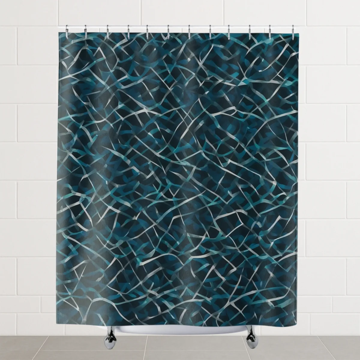 Flat view of shower curtain with dynamic rhombus pattern in layered shades of blue and grey