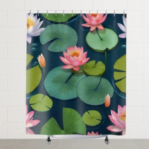 Flat view of shower curtain with illustrated lotus flowers and lily pads on blue water