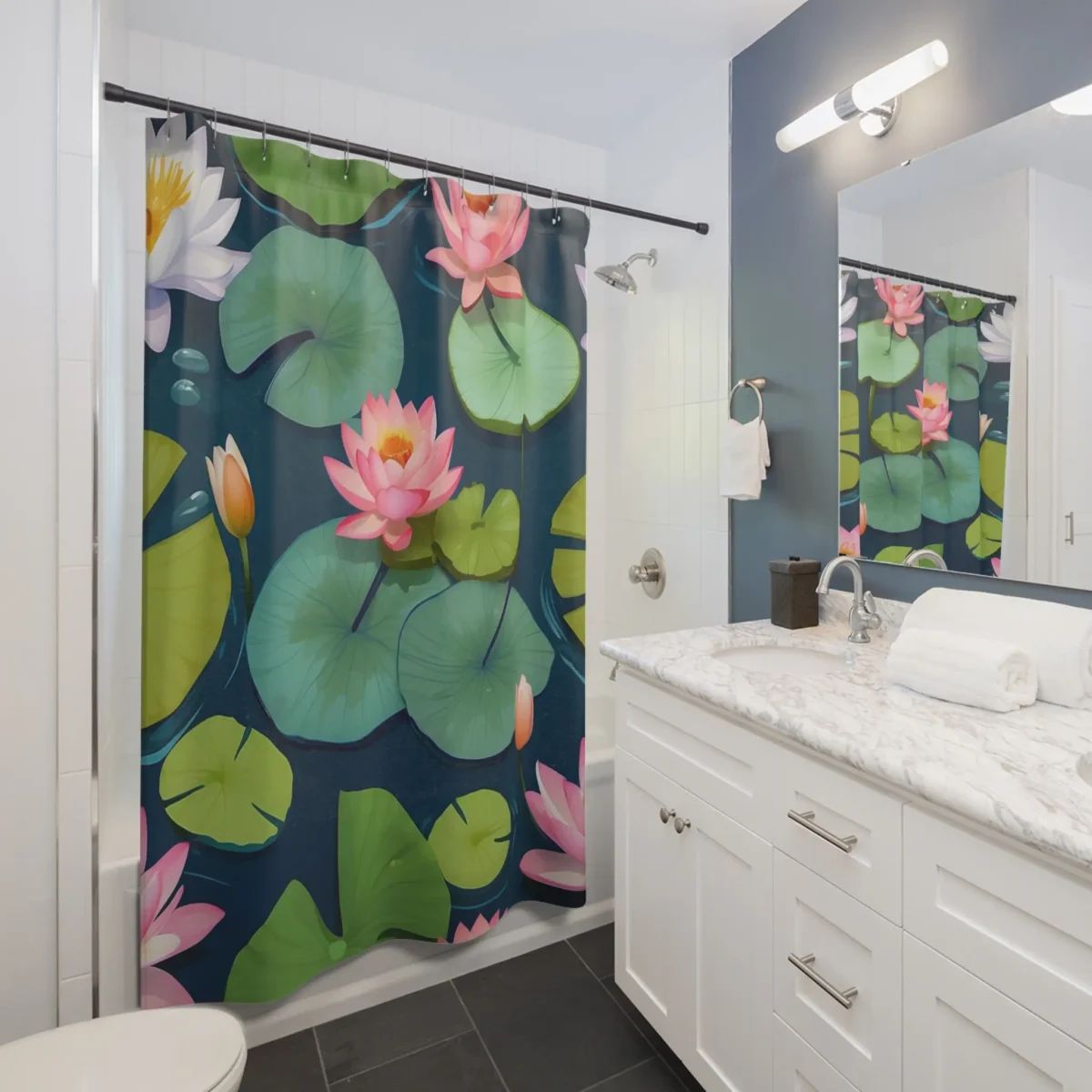 Shower curtain featuring lotus flowers and lily pads on a calm blue pond in a bathroom setting