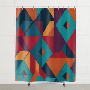 Flat view of shower curtain with sharp multicolored geometric shapes in modern style