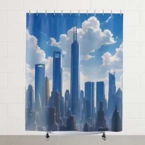 Flat view of a shower curtain featuring a tall city skyline beneath bright blue skies and white clouds