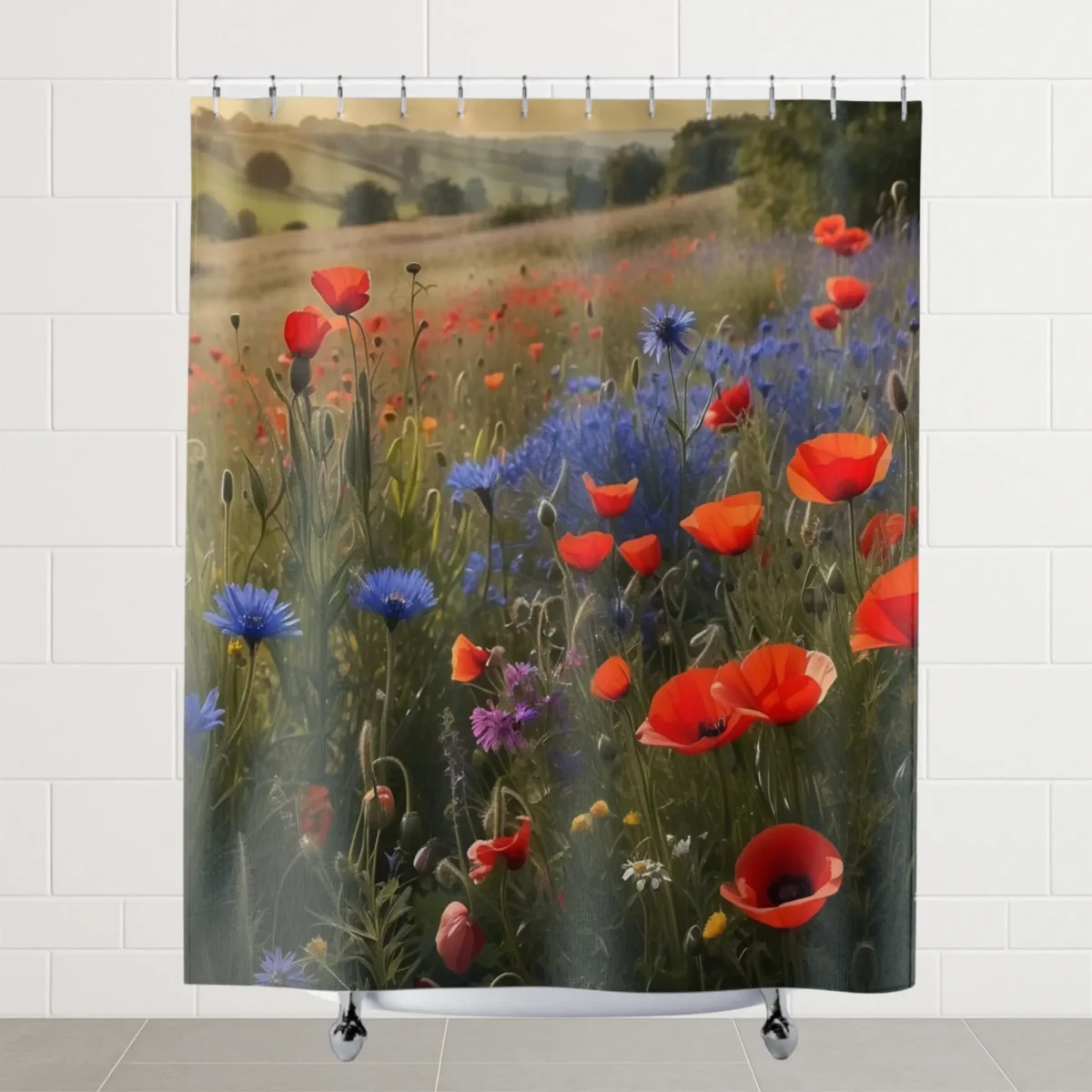 Flat view of shower curtain with a colorful wildflower field including red poppies and blue cornflowers