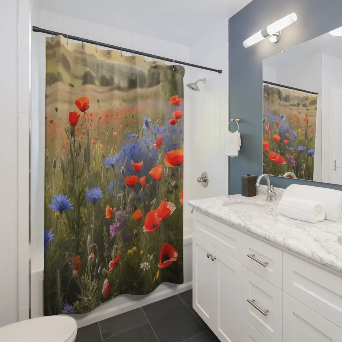Shower curtain featuring a vivid field of red poppies, blue cornflowers, and wildflowers in a bathroom