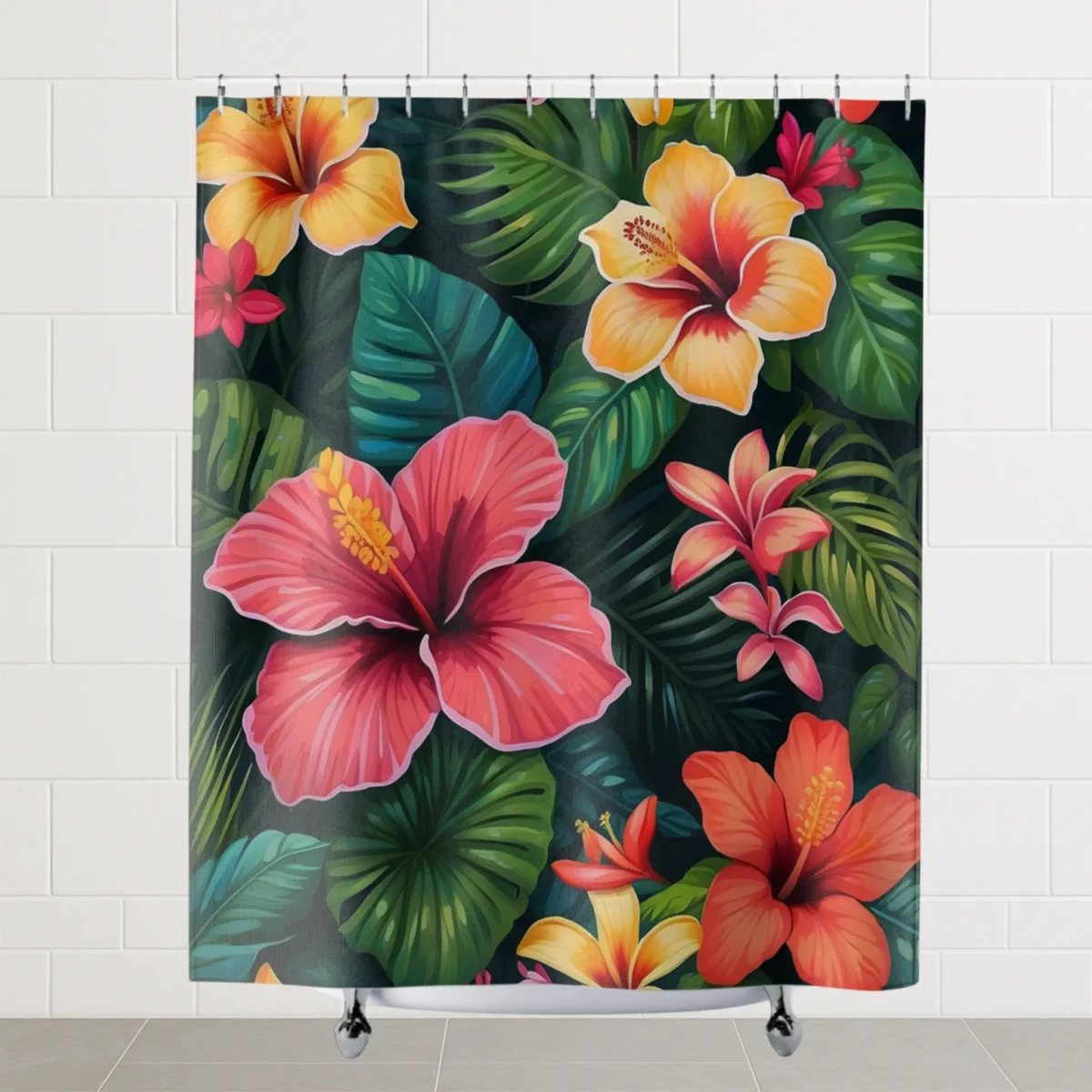 Flat view of shower curtain with colorful tropical flowers and large green leaves