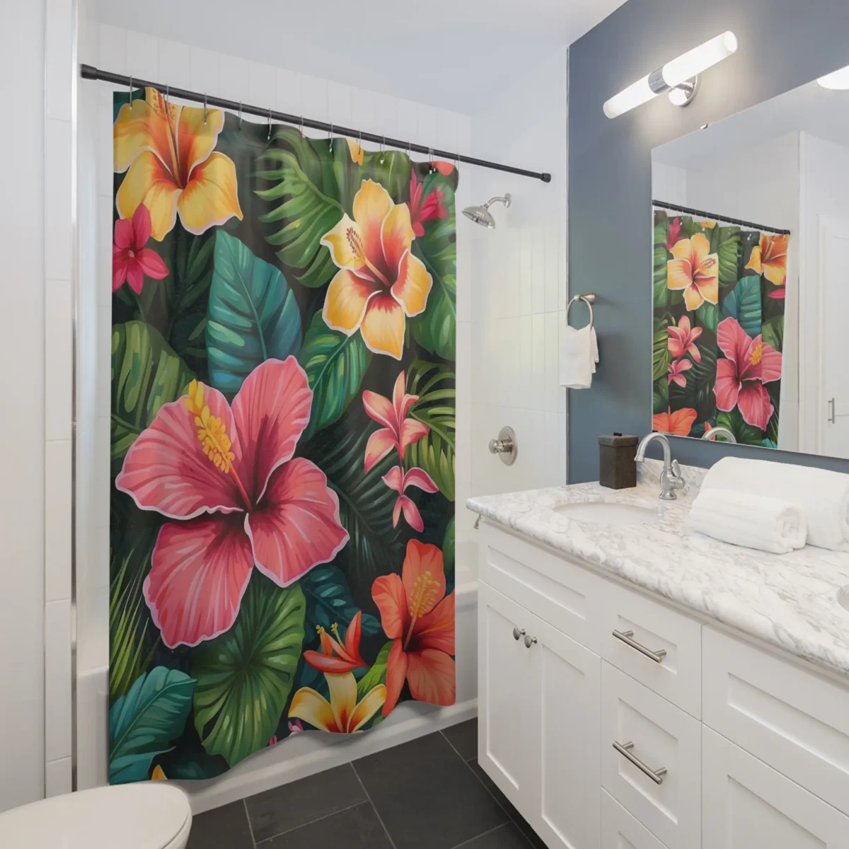 Shower curtain with vibrant tropical flowers and lush green leaves in a bathroom setting