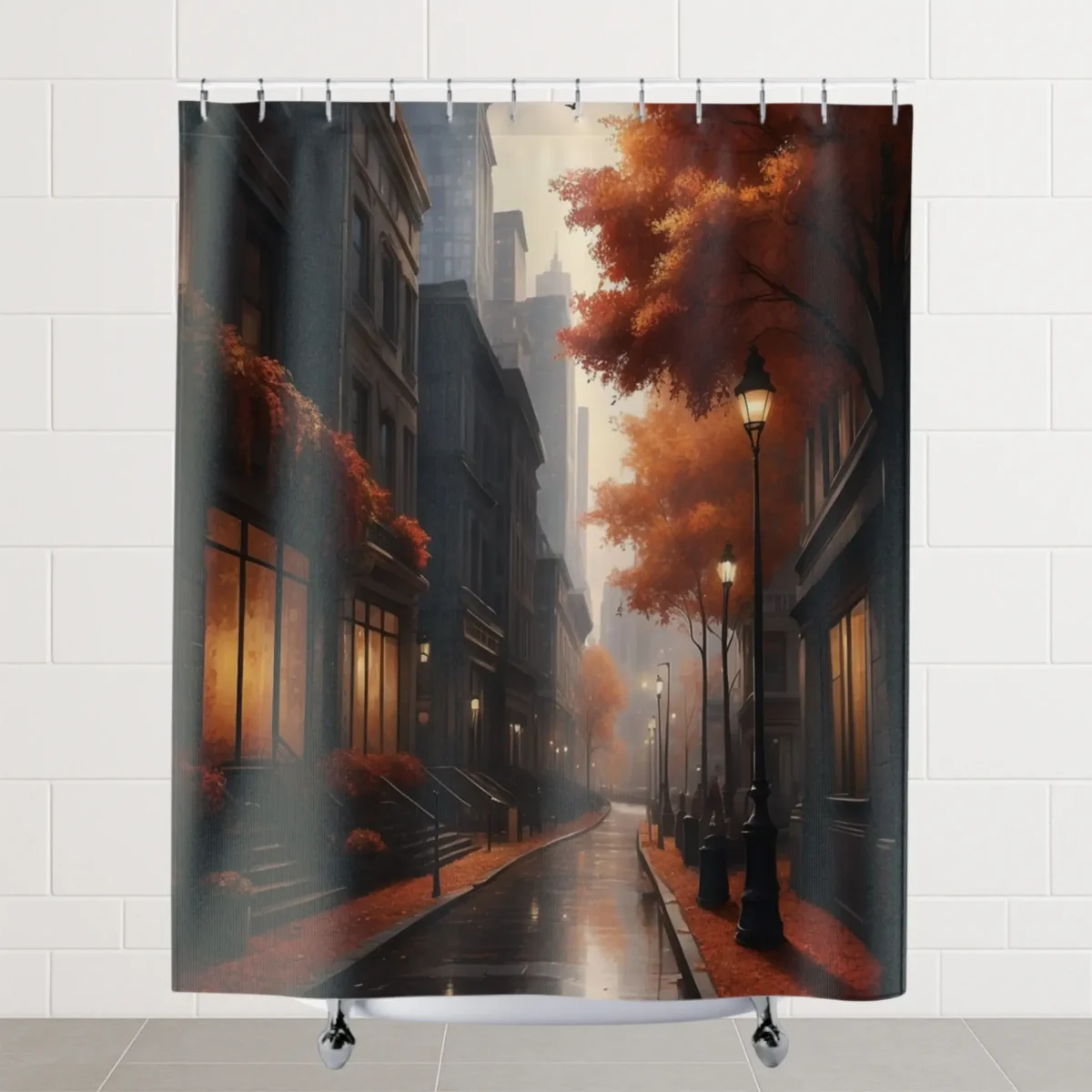 Flat view of shower curtain featuring a moody city street with autumn leaves and soft lighting