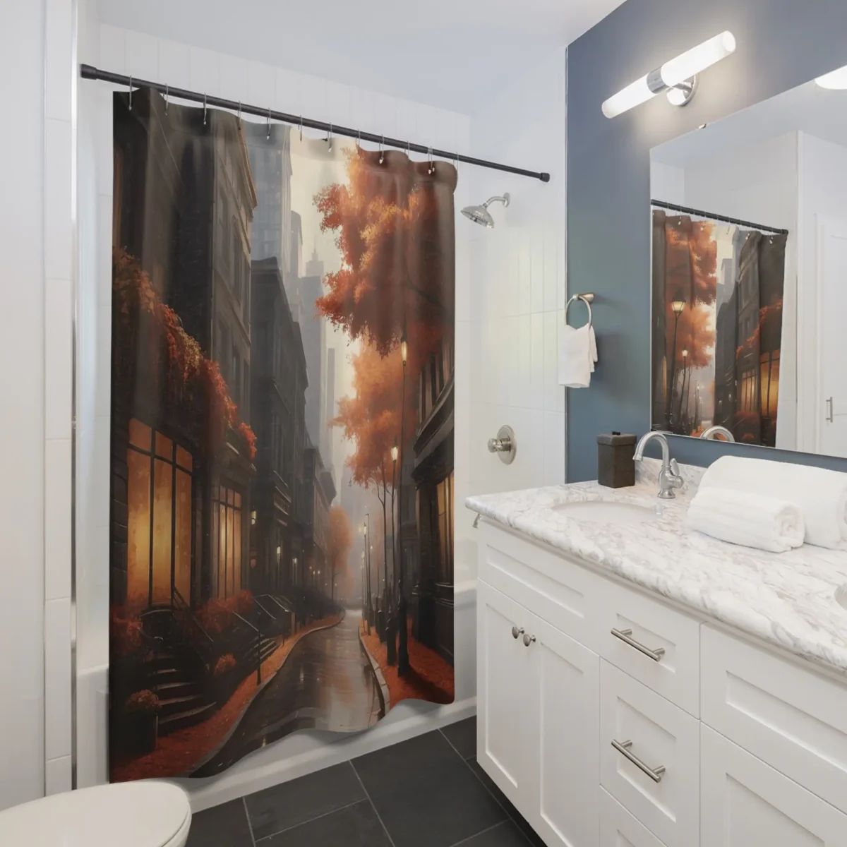 Flat view of shower curtain featuring a moody city street with autumn leaves and soft lighting