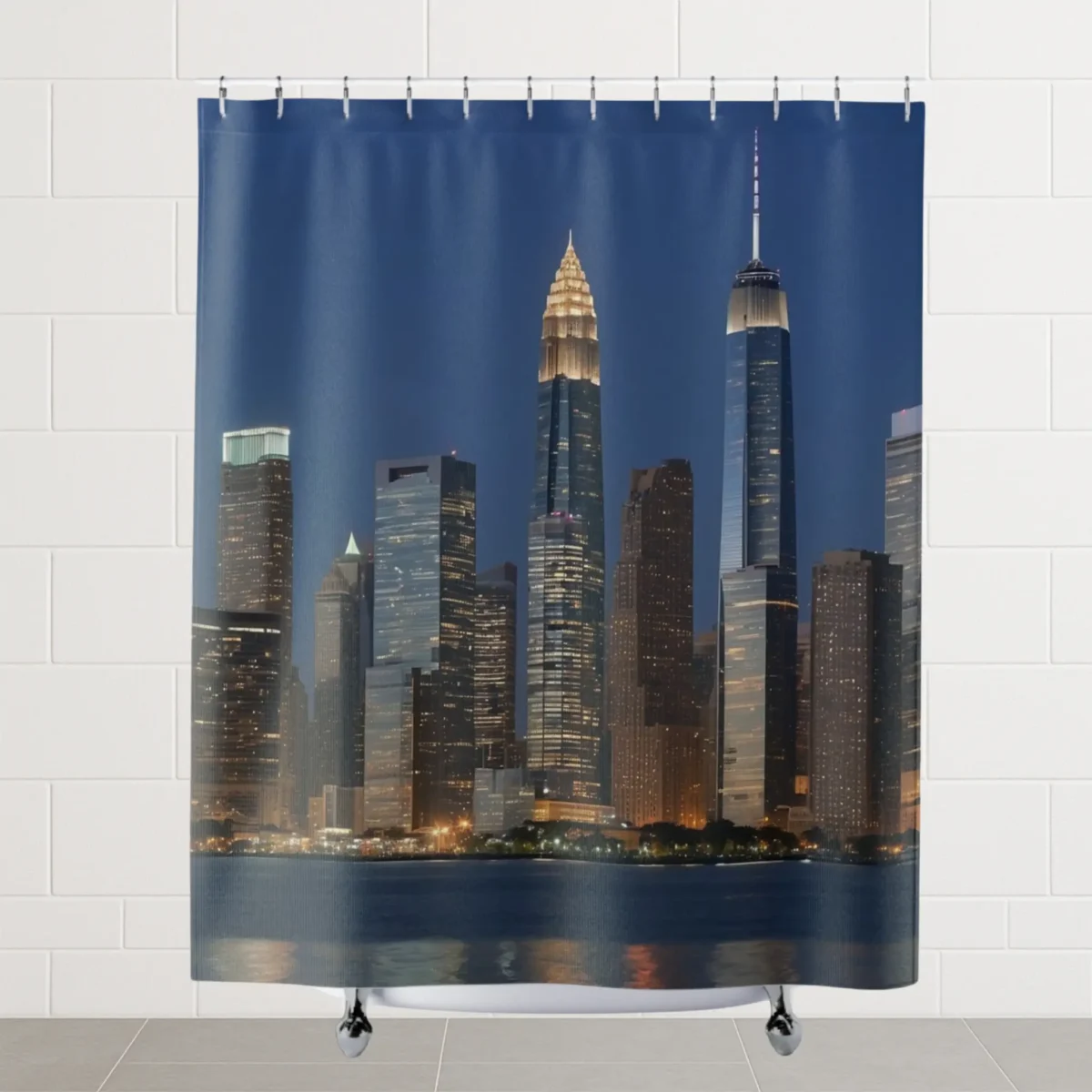 Flat view of shower curtain with high-rise city buildings lit up at night along a waterfront