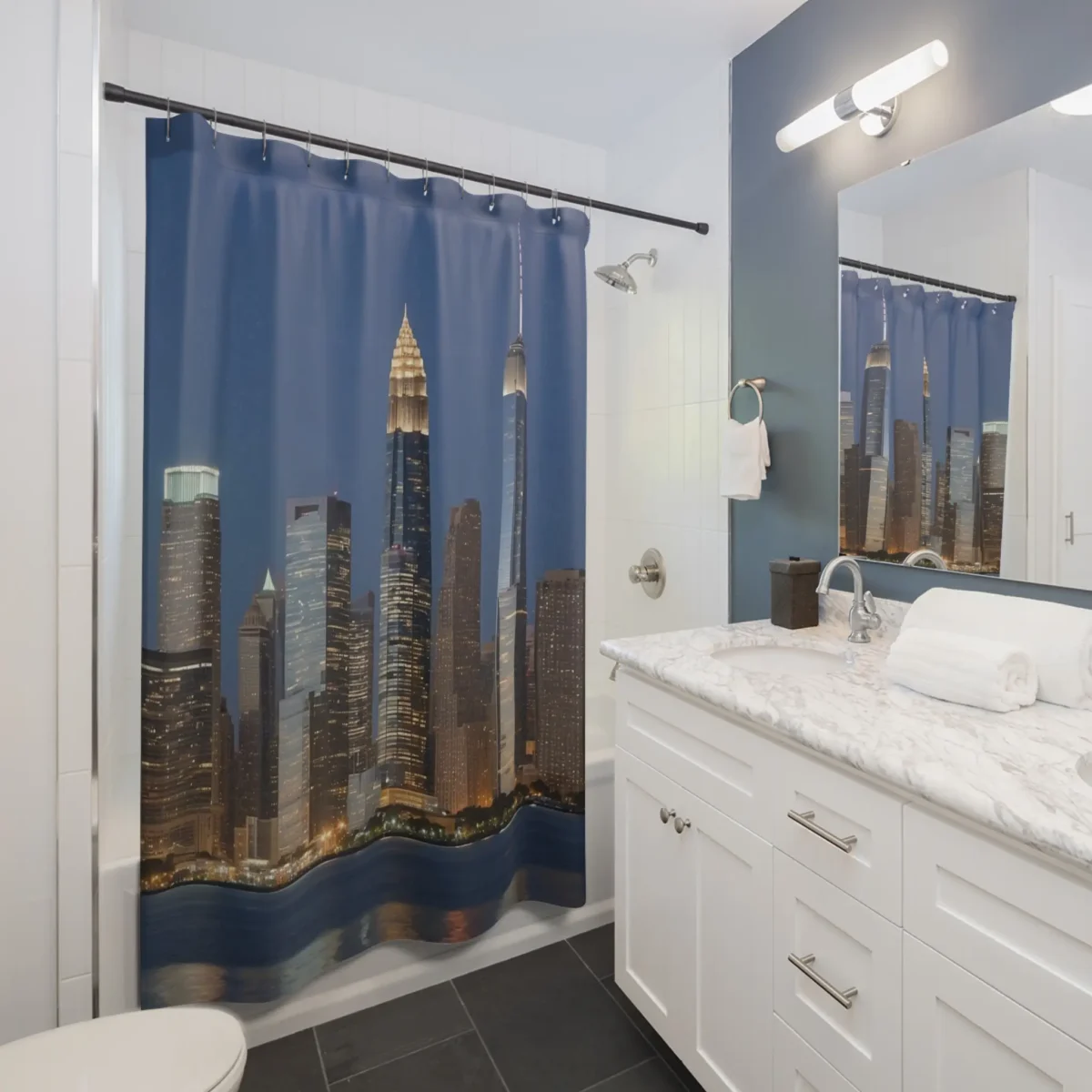 Shower curtain featuring a nighttime city skyline with illuminated skyscrapers by the water