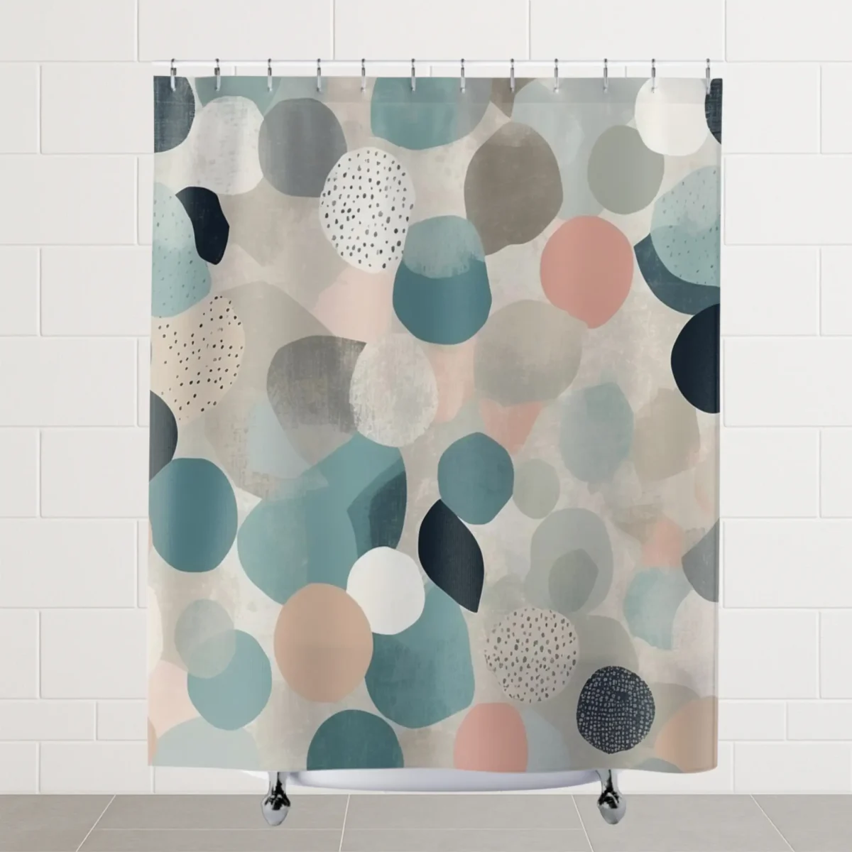 Flat view of shower curtain with pastel geometric circles in soft abstract design