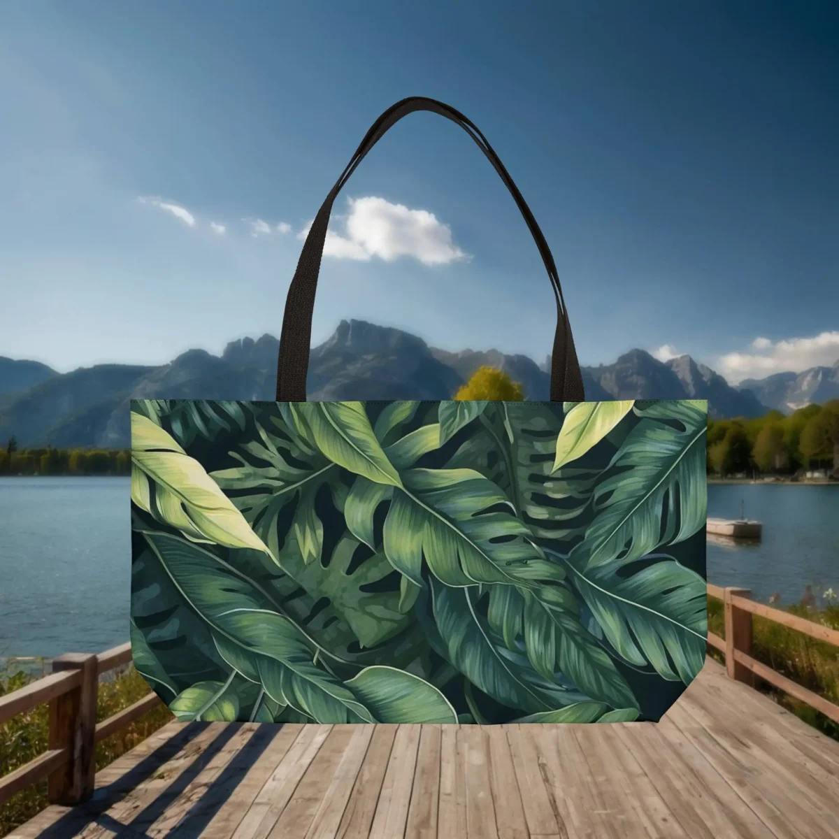 Weekender tote bag with tropical leaves pattern in green tones