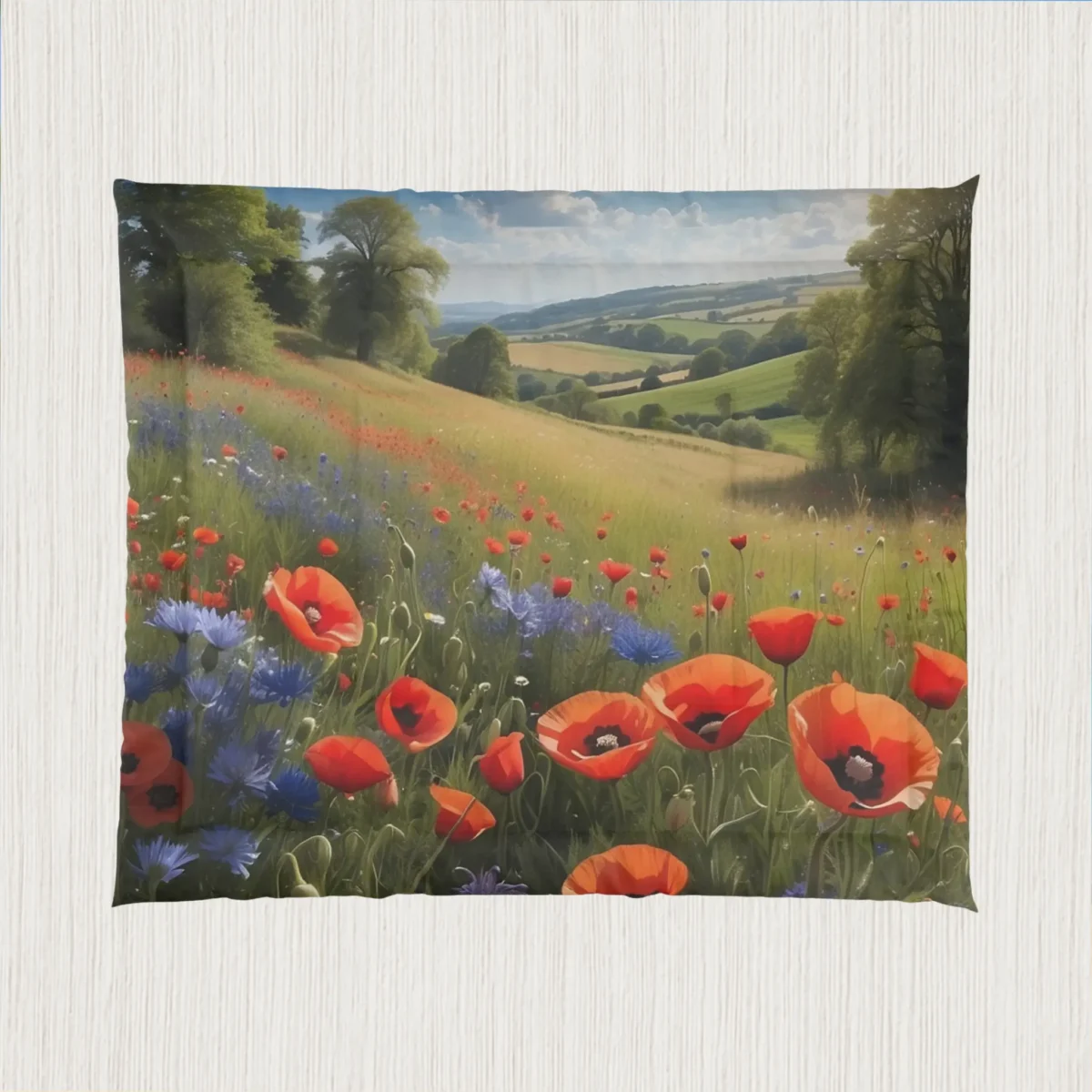 Flat view of comforter displaying a colorful wildflower meadow with a background of hills and trees