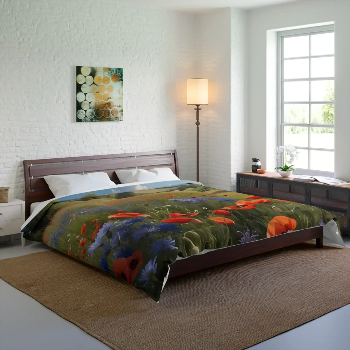 Comforter on bed featuring a scenic wildflower field with red poppies, blue cornflowers, and rolling hills