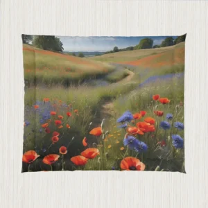 Flat view of comforter displaying wildflower fields with a winding path and rolling hills