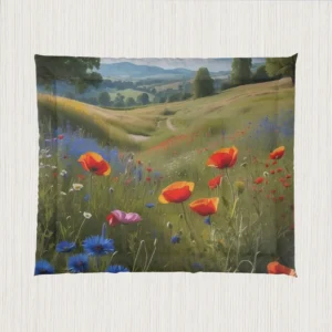 Flat view of comforter showcasing a colorful wildflower landscape with a winding countryside path