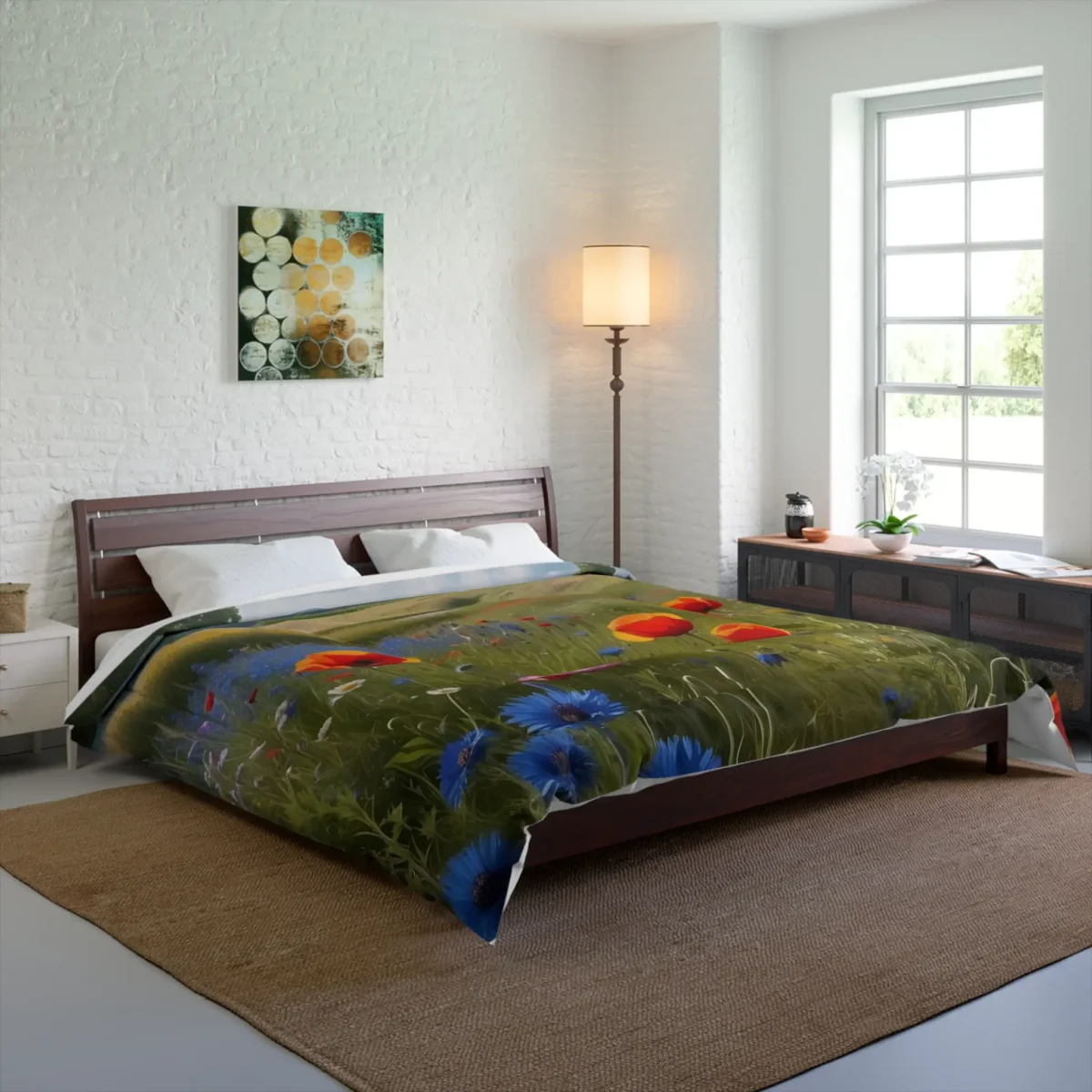 Comforter on bed featuring a colorful wildflower field with rolling countryside hills