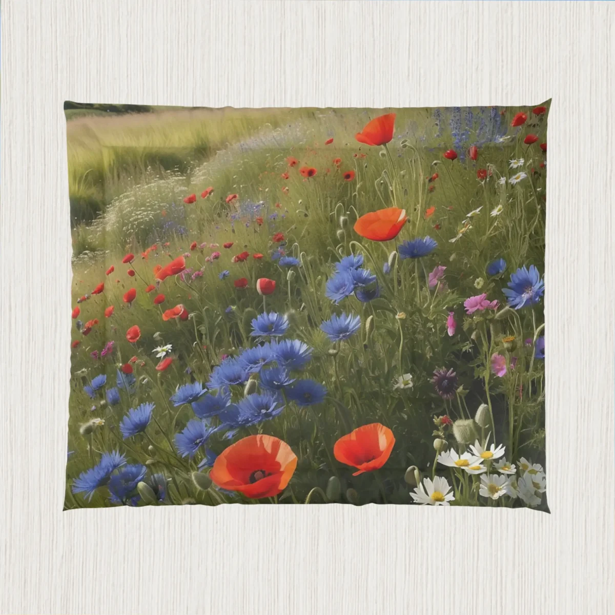 Flat view of comforter with vibrant wildflowers in a green field with dense colorful blossoms