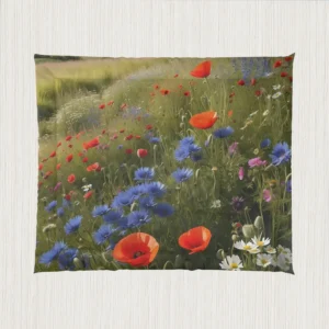 Flat view of comforter with vibrant wildflowers in a green field with dense colorful blossoms