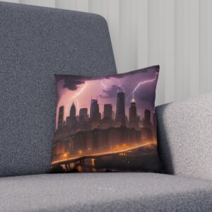 Cushion with a city skyline and lightning strike at twilight on grey sofa